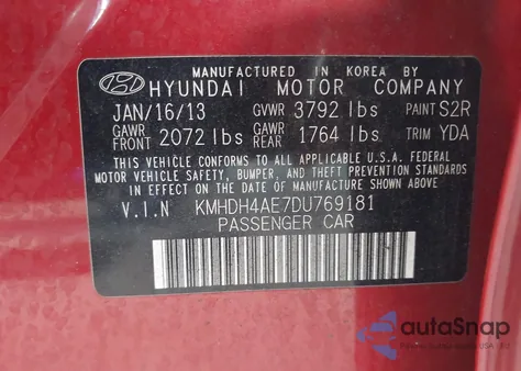 2013 Hyundai Elantra Gls z USA, uszkodzony, nr VIN KMHDH4AE7DU769181